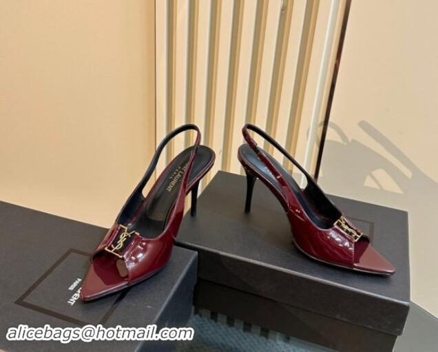 Classic Hot Saint Laurent Babylone Heel Sandals 9cm in Patent Leather with Framed YSL Dark Burgundy 1010069