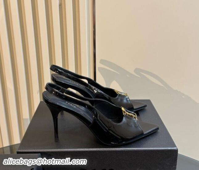 Unique Style Saint Laurent Babylone Heel Sandals 9cm in Patent Leather with Framed YSL Black 010070