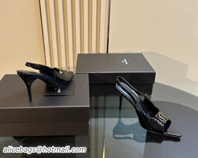 Unique Style Saint Laurent Babylone Heel Sandals 9cm in Patent Leather with Framed YSL Black 010070