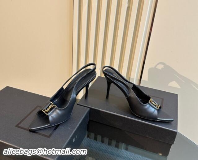 Good Looking Saint Laurent Babylone Heel Sandals 9cm in Calfskin Leather with Framed YSL Black 1010071