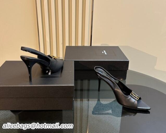 Good Looking Saint Laurent Babylone Heel Sandals 9cm in Calfskin Leather with Framed YSL Black 1010071