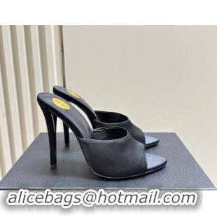 Feminine Saint Laurent Romy High Heel Slides Sandal 10.5cm in Satin Black 1010073