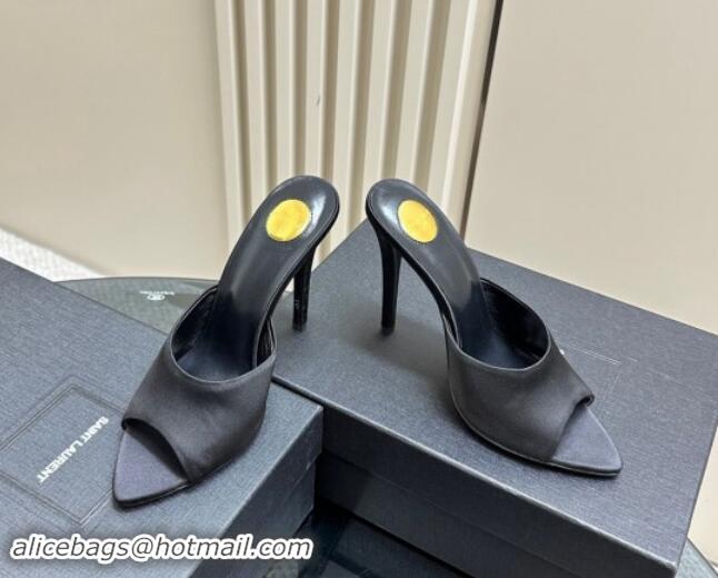 Feminine Saint Laurent Romy High Heel Slides Sandal 10.5cm in Satin Black 1010073