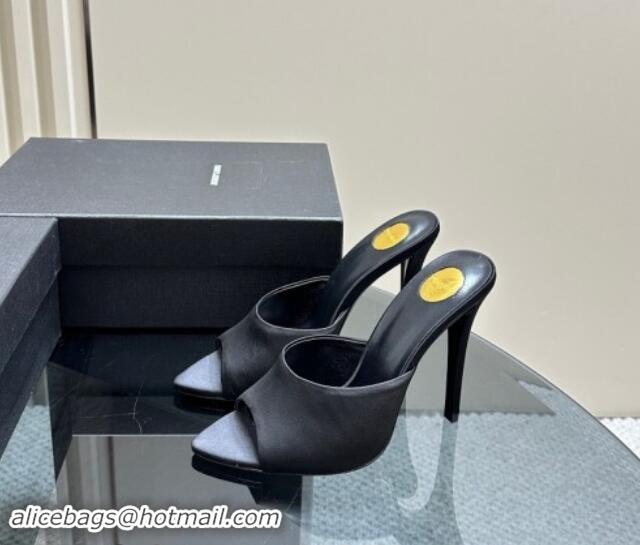 Feminine Saint Laurent Romy High Heel Slides Sandal 10.5cm in Satin Black 1010073