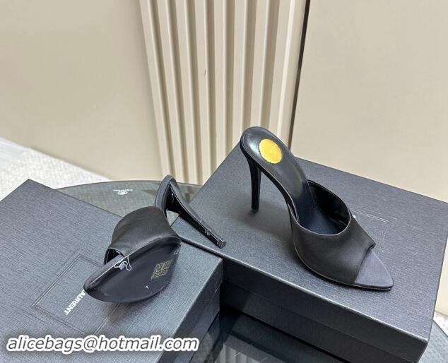 Feminine Saint Laurent Romy High Heel Slides Sandal 10.5cm in Satin Black 1010073