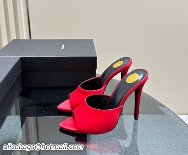 Good Quality Saint Laurent Romy High Heel Slides Sandal 10.5cm in Satin Red 1010074