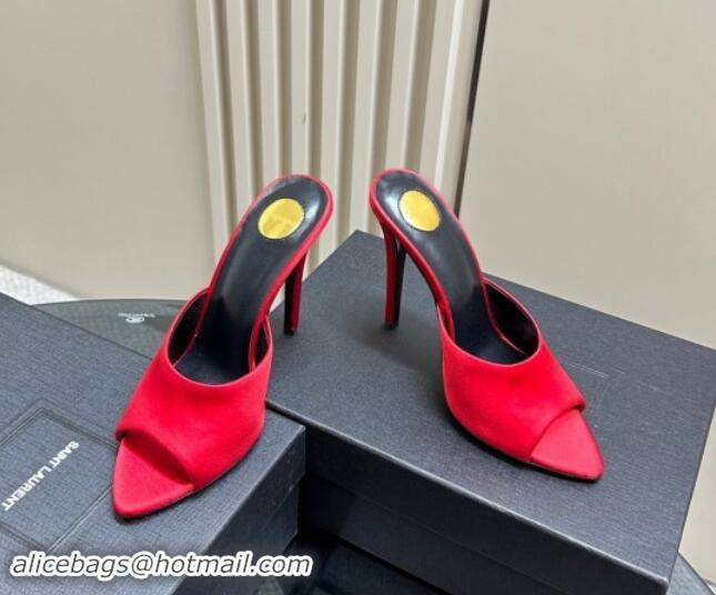 Good Quality Saint Laurent Romy High Heel Slides Sandal 10.5cm in Satin Red 1010074