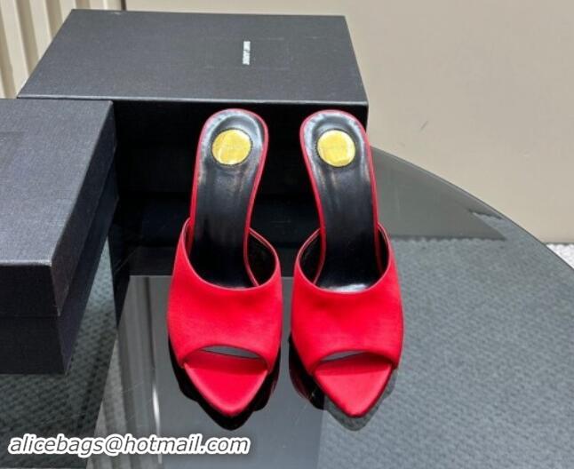 Good Quality Saint Laurent Romy High Heel Slides Sandal 10.5cm in Satin Red 1010074