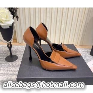 Best Grade Saint Laurent D'ORSAY Open Pumps 11cm in Smooth Leather Brown 010077