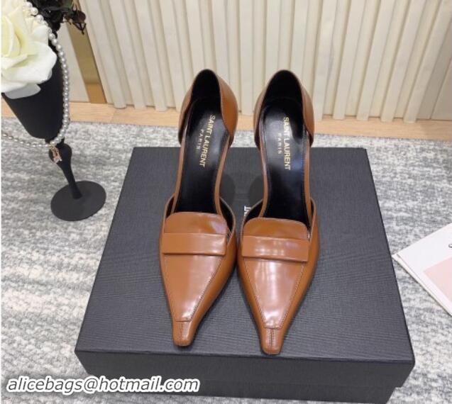 Best Grade Saint Laurent D'ORSAY Open Pumps 11cm in Smooth Leather Brown 010077