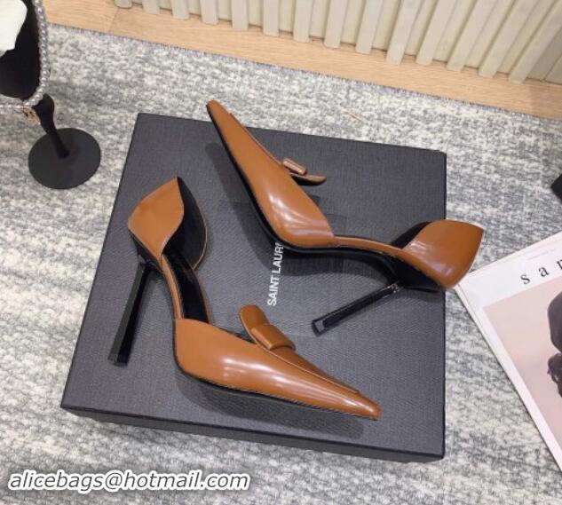 Best Grade Saint Laurent D'ORSAY Open Pumps 11cm in Smooth Leather Brown 010077