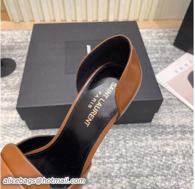 Best Grade Saint Laurent D'ORSAY Open Pumps 11cm in Smooth Leather Brown 010077