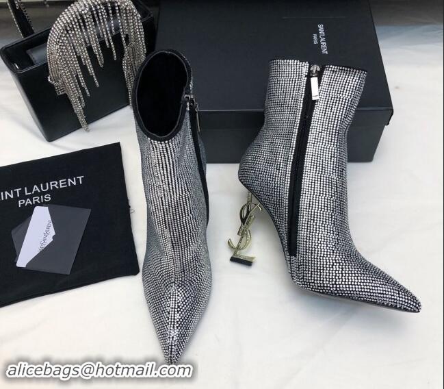 Shop Duplicate Saint Laurent Strass Allover Ankle Boots 10.5cm with YSL Heel Silver 1010080