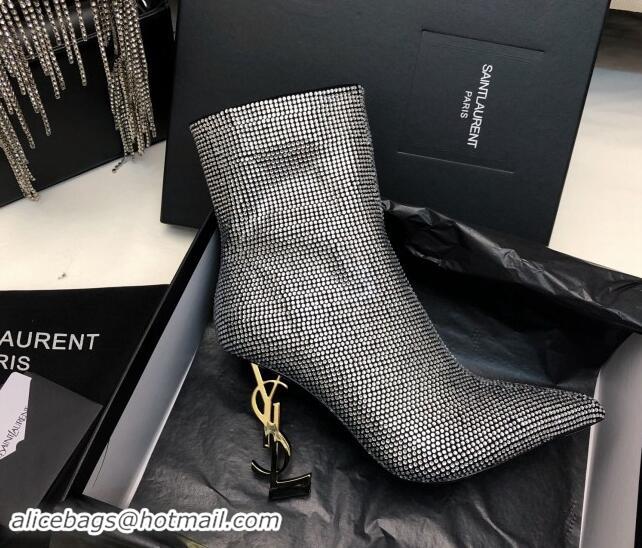 Shop Duplicate Saint Laurent Strass Allover Ankle Boots 10.5cm with YSL Heel Silver 1010080