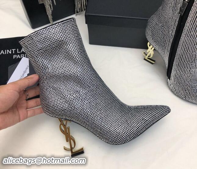 Shop Duplicate Saint Laurent Strass Allover Ankle Boots 10.5cm with YSL Heel Silver 1010080