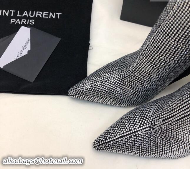 Shop Duplicate Saint Laurent Strass Allover Ankle Boots 10.5cm with YSL Heel Silver 1010080