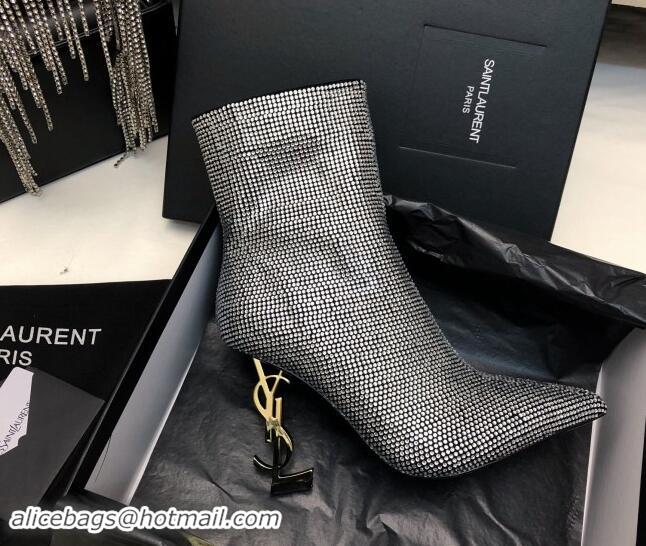 Shop Duplicate Saint Laurent Strass Allover Ankle Boots 10.5cm with YSL Heel Silver 1010080