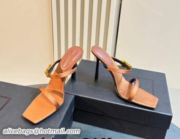 Low Price Saint Laurent Satin Heel Slides Sandal 10cm with Buckle Brown 1010082