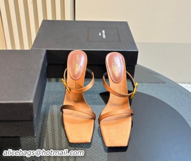 Low Price Saint Laurent Satin Heel Slides Sandal 10cm with Buckle Brown 1010082