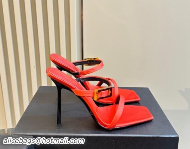 Good Quality Saint Laurent Satin Heel Slides Sandal 10cm with Buckle Red 1010083