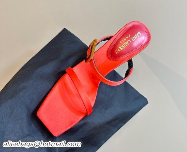 Good Quality Saint Laurent Satin Heel Slides Sandal 10cm with Buckle Red 1010083