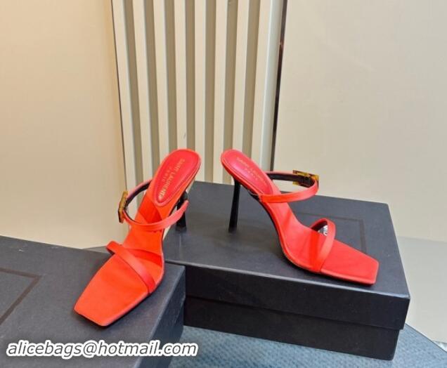 Good Quality Saint Laurent Satin Heel Slides Sandal 10cm with Buckle Red 1010083