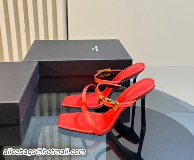 Good Quality Saint Laurent Satin Heel Slides Sandal 10cm with Buckle Red 1010083