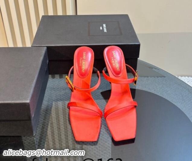 Good Quality Saint Laurent Satin Heel Slides Sandal 10cm with Buckle Red 1010083