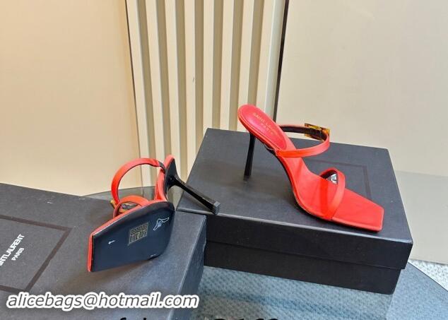 Good Quality Saint Laurent Satin Heel Slides Sandal 10cm with Buckle Red 1010083