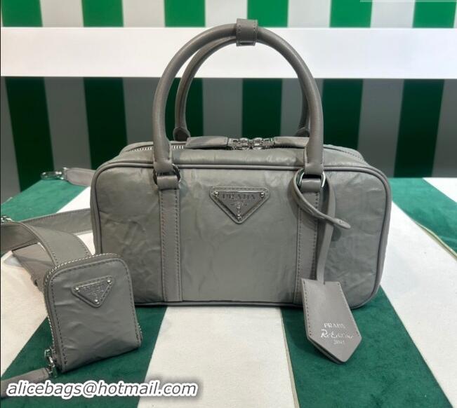 Buy New Prada Small Antique Nappa Leather Top Handle Bag 1BB098 Slate Grey 2023