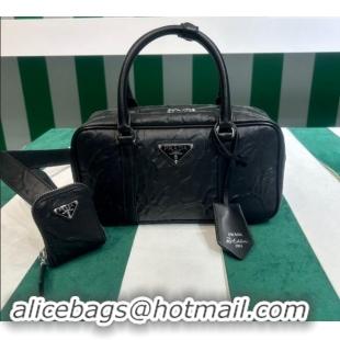 Super Quality Prada Small Antique Nappa Leather Top Handle Bag 1BB098 Black 2023