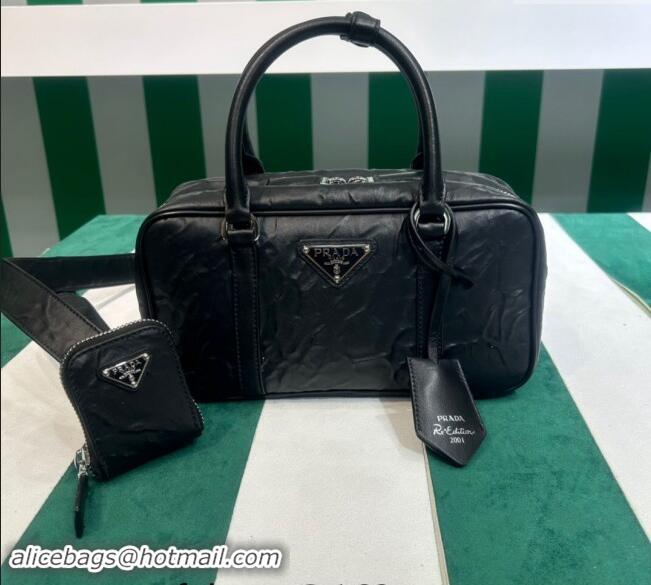 Super Quality Prada Small Antique Nappa Leather Top Handle Bag 1BB098 Black 2023