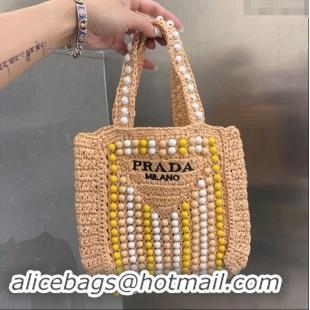 Pretty Style Prada Crochet Straw Top Handle Bag with Beads Sand 0705 Beige 2023