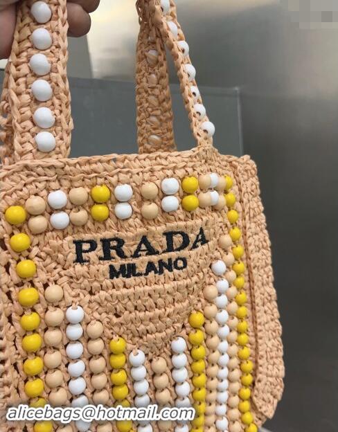 Pretty Style Prada Crochet Straw Top Handle Bag with Beads Sand 0705 Beige 2023