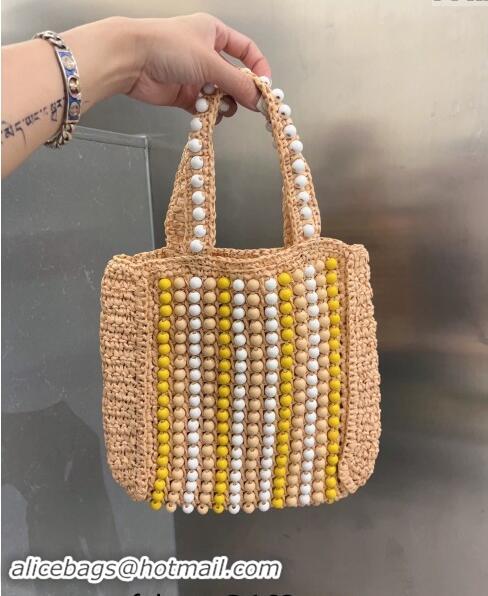 Pretty Style Prada Crochet Straw Top Handle Bag with Beads Sand 0705 Beige 2023