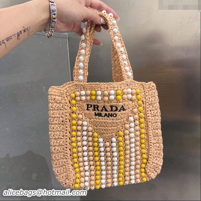 Pretty Style Prada Crochet Straw Top Handle Bag with Beads Sand 0705 Beige 2023