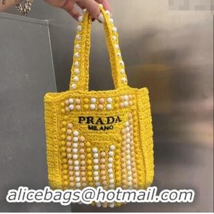 Popular Style Prada Crochet Straw Top Handle Bag with Beads 0705 Yellow 2023