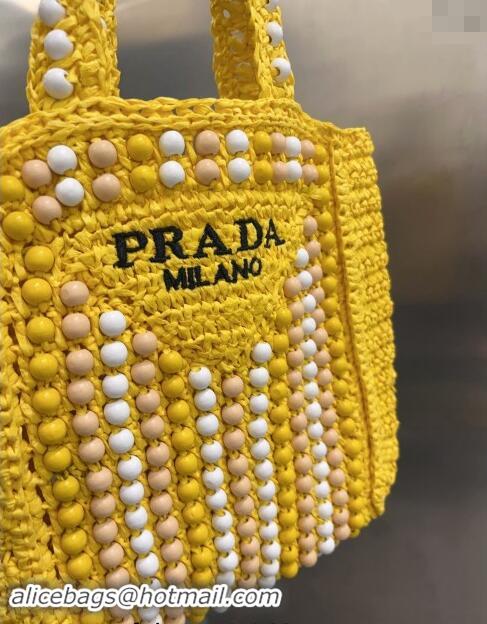 Popular Style Prada Crochet Straw Top Handle Bag with Beads 0705 Yellow 2023