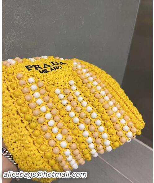 Popular Style Prada Crochet Straw Top Handle Bag with Beads 0705 Yellow 2023