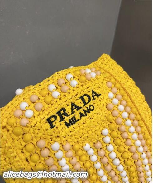 Popular Style Prada Crochet Straw Top Handle Bag with Beads 0705 Yellow 2023