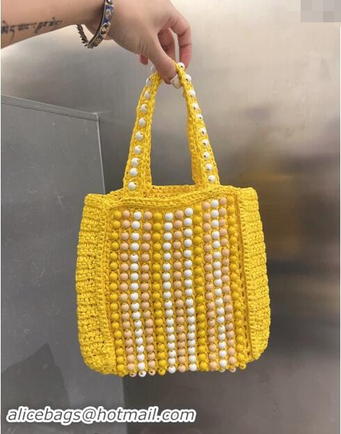 Popular Style Prada Crochet Straw Top Handle Bag with Beads 0705 Yellow 2023