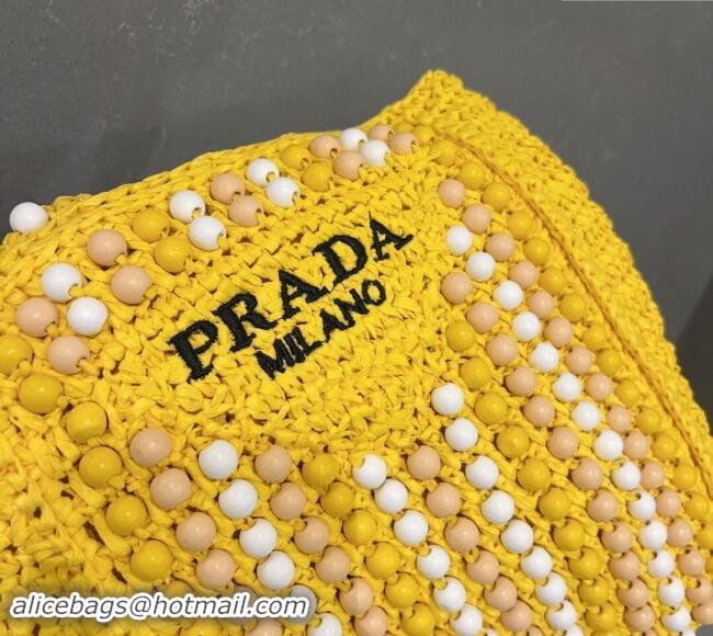 Popular Style Prada Crochet Straw Top Handle Bag with Beads 0705 Yellow 2023