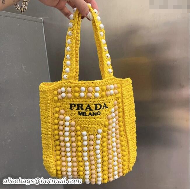 Popular Style Prada Crochet Straw Top Handle Bag with Beads 0705 Yellow 2023