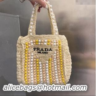 Luxury Cheap Prada Crochet Straw Top Handle Bag with Beads 0705 Light Beige 2023