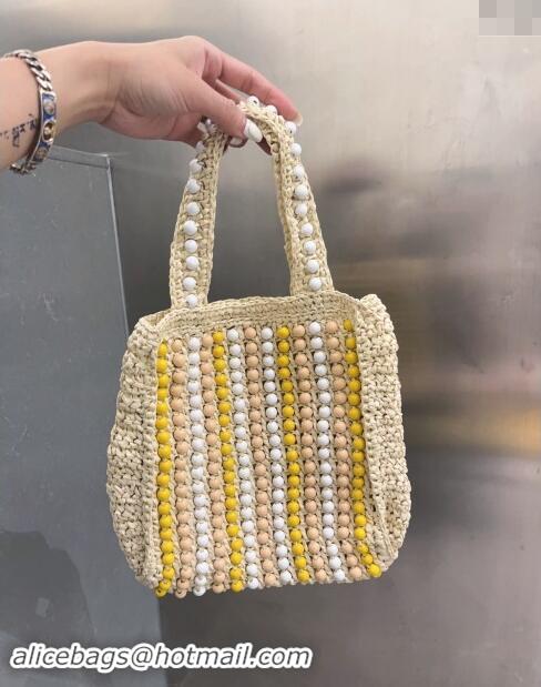 Luxury Cheap Prada Crochet Straw Top Handle Bag with Beads 0705 Light Beige 2023