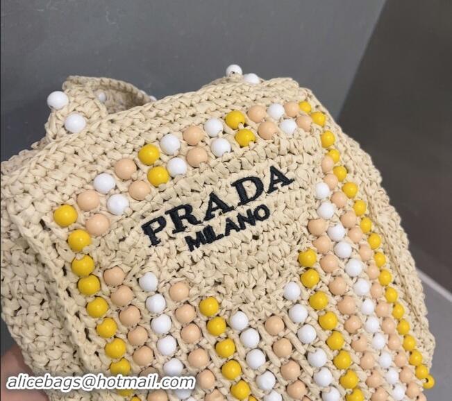 Luxury Cheap Prada Crochet Straw Top Handle Bag with Beads 0705 Light Beige 2023