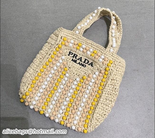 Luxury Cheap Prada Crochet Straw Top Handle Bag with Beads 0705 Light Beige 2023