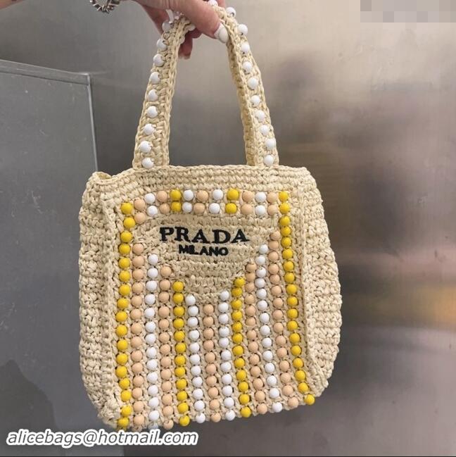 Luxury Cheap Prada Crochet Straw Top Handle Bag with Beads 0705 Light Beige 2023