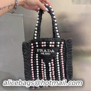 Super Quality Prada Crochet Straw Top Handle Bag with Beads 0705 Black 2023