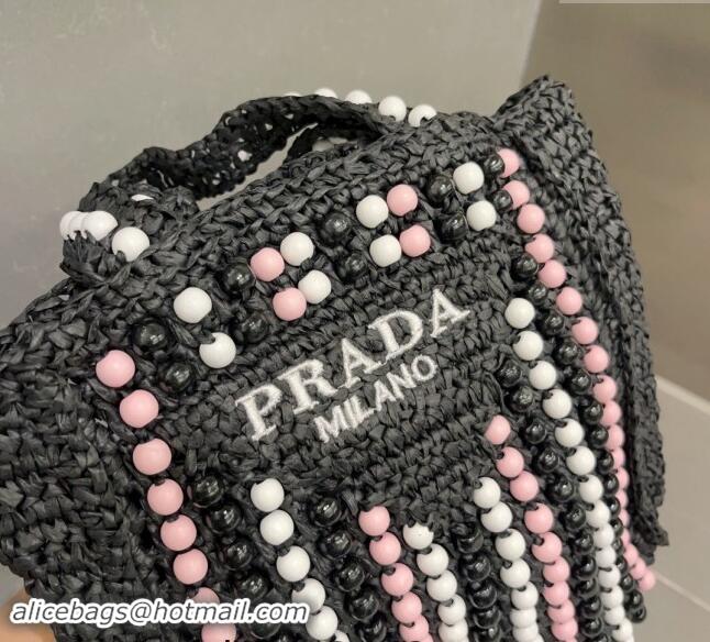 Super Quality Prada Crochet Straw Top Handle Bag with Beads 0705 Black 2023